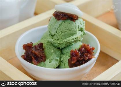 Japanese green tea ice cream and boiled red beans. japanese dessert