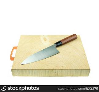 Japanese kitchen deba knife and wood butcher block countertop on white background