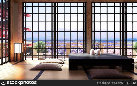 Japanese living room interior in living room minimal design, bonsai, low table on floor tatami mat, view fuji mountain. 3D rendering