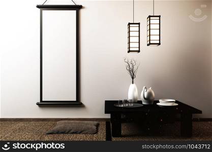 Japanese living room with lamp, frame, black low table in room white wall on floor tatami mat. 3D rendering