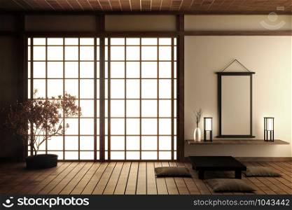 Japanese living room with wood floor and white wall with decoration Japanese style,3d rendering