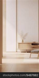 Japanese Minimalism: Room with Wooden Furniture in Soft Pastel Tones. Generative ai. High quality illustration. Japanese Minimalism: Room with Wooden Furniture in Soft Pastel Tones. Generative ai