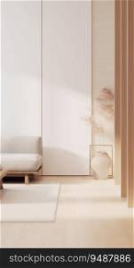 Japanese Minimalism  Room with Wooden Furniture in Soft Pastel Tones. Generative ai. High quality illustration. Japanese Minimalism  Room with Wooden Furniture in Soft Pastel Tones. Generative ai