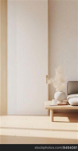 Japanese Minimalism  Room with Wooden Furniture in Soft Pastel Tones. Generative ai. High quality illustration. Japanese Minimalism  Room with Wooden Furniture in Soft Pastel Tones. Generative ai