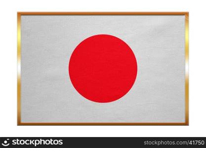 Japanese national official flag. Patriotic symbol, banner, element, background. Correct colors. Flag of Japan , golden frame, fabric texture, illustration. Accurate size, color