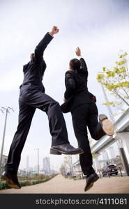 Japanese office workers jumping lively