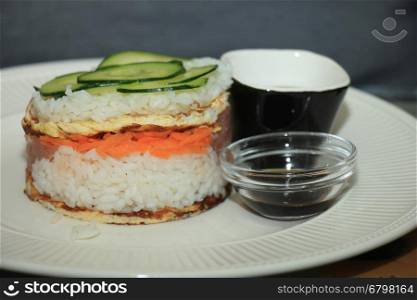 Japanese pressed sushi, Oshizushi with tuna fish, carrot and egg