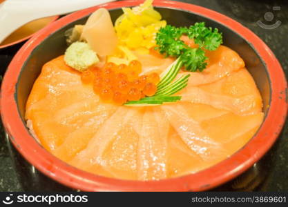 Japanese rice box with salmon sashimi, stock photo