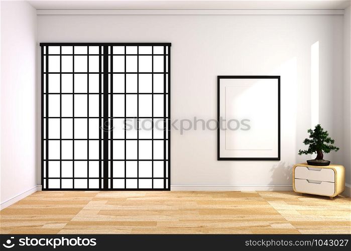 Japanese room - Empty room with bonsai tree on wooden floor, white wall background .3D rendering