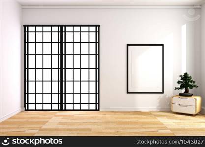 Japanese room - Empty room with bonsai tree on wooden floor, white wall background .3D rendering