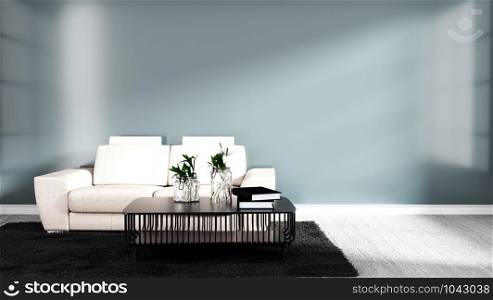 Japanese room interior with sofa, table and black carpet on white hard wood floor glossy wall background. 3D rendering