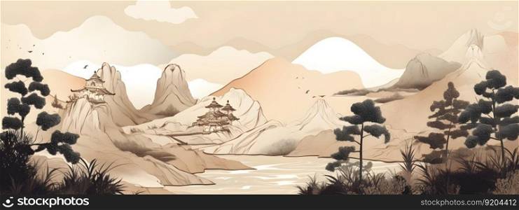 Japanese rural natural view traditional landscape with mountains, river and trees in traditional Japanese style illustration wide long banner size. AI Generative content