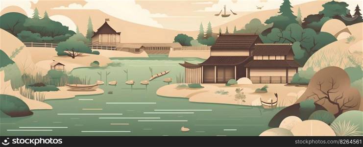 Japanese rural natural view traditional landscape with village, river and trees in traditional Japanese style illustration wide long banner size. AI Generative content