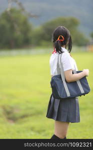 Japanese school in countryside with grass mountain and tree