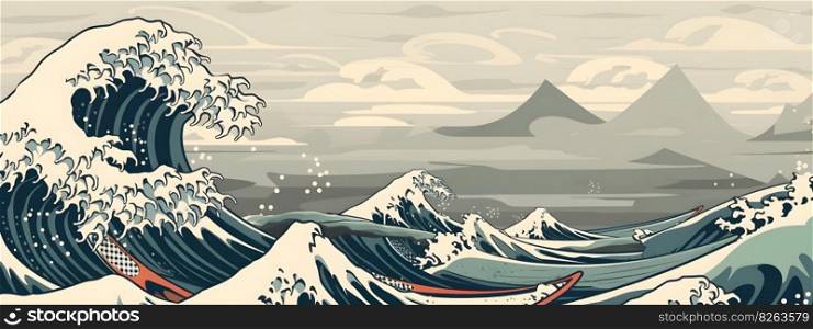 Japanese sea coastal view landscape with ocean waves in traditional Japanese style illustration wide long banner size. AI Generative content