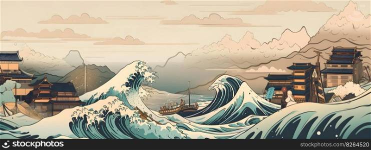 Japanese sea coastal view landscape with ocean waves in traditional Japanese style illustration wide long banner size. AI Generative content