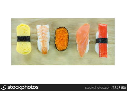 Japanese seafood sushi set , mix sushi rolls on wooden board