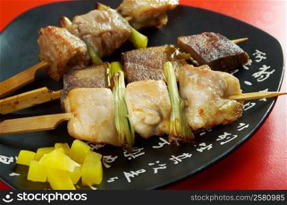 Japanese skewered chicken,pork,meatYakitori .closeup