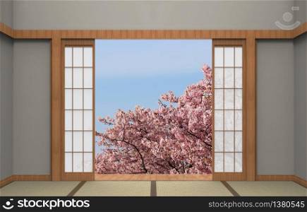 Japanese sliding doors with beautiful landscape of full blooming japanese cherry blossom SAKURA trees in spring season.