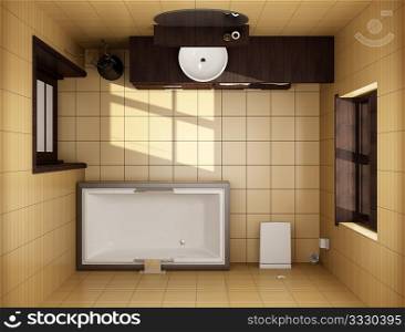japanese style bathroom with brown tiles. top view