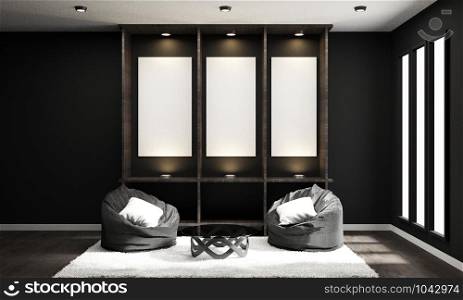 Japanese style empty room design - modern black and white interior - minimal design. 3D rendering