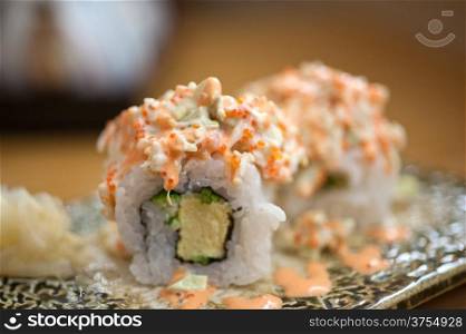 Japanese style maki sushi rolls set closeup macro