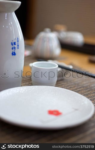 Japanese style table set and sake bottle and cup