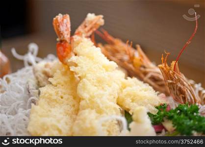 Japanese style tempura shrimps extreme closeup macro