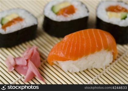 Japanese sushi. Japanese Cuisine, Sushi Set with Salmon, sushi rolls and gari ginger
