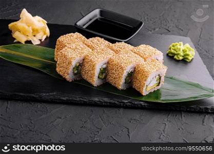 Japanese sushi on a black plate