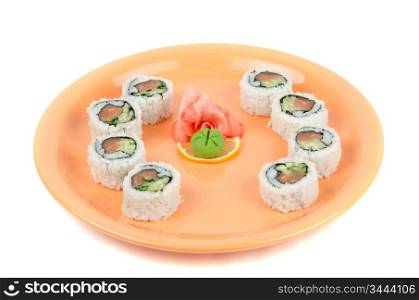 japanese sushi set at plate on a white