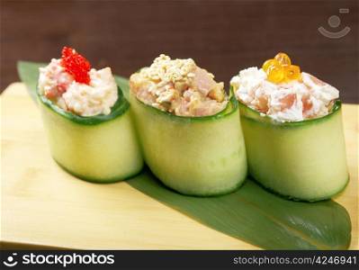 Japanese sushi traditional japanese food.Roll made of Smoked fish , roe,cucumber