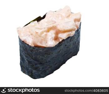 Japanese sushi with rice and fish.spice sushi with sauced slices