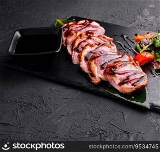 Japanese tataki beef filet with lettuce and tomatoes