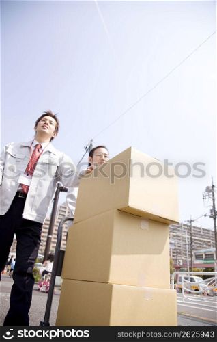 Japanese workers carrying corrugated cardboards