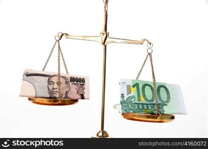 japanese yen european euro banknotes and banknotes on a scale