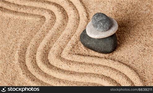 Japanese Zen stone garden - relaxation, meditation, simplicity and balance concept - panorama of pebbles and raked sand tranquil calm scene. Japanese Zen stone garden