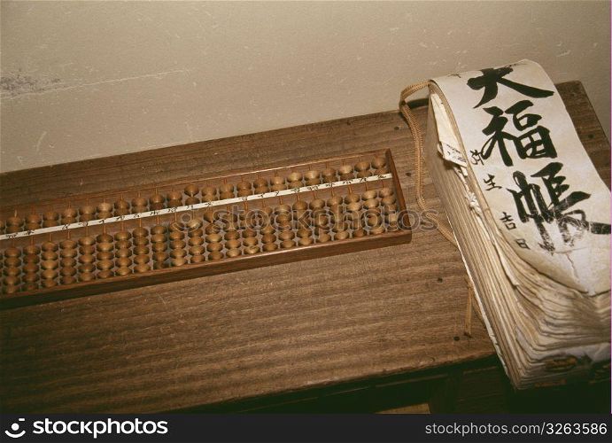 Japenesse objects on a wooden table