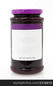 Jar of blackberry jelly over white background. Add text to label.