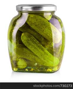 Jar of canned cucumbers isolated on white background