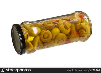 jar of canned mushrooms isolated on white background