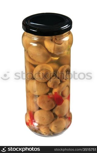 jar of canned mushrooms isolated on white background