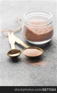 Jar of himalayan pink salt .  Healthy food concept. Speciality salt. 