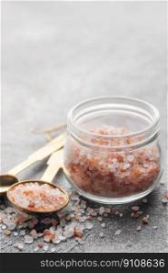 Jar of himalayan pink salt .  Healthy food concept. Speciality salt. 