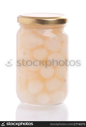 jar of homemade pickeled onions isolated on white background