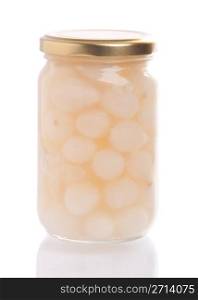 jar of homemade pickeled onions isolated on white background