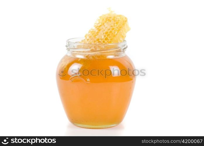 jar of organic honey on white background