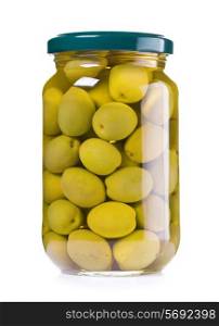 jar of preserved green olives isolated on white background