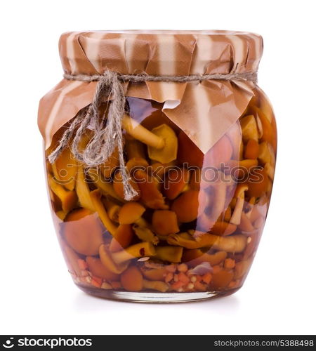 Jar of preserved honey mushrooms isolated on white