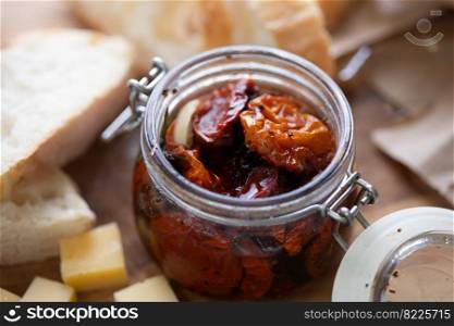 jar of Sun Dried Tomatoes. traditional italian dish 